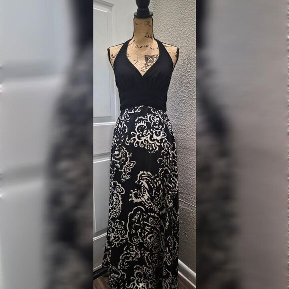 Betsy & Adam Dresses & Skirts - VINTAGE 90s Betsy & Adam Whimsigoth Black & White Scroll Halter Maxi Gown